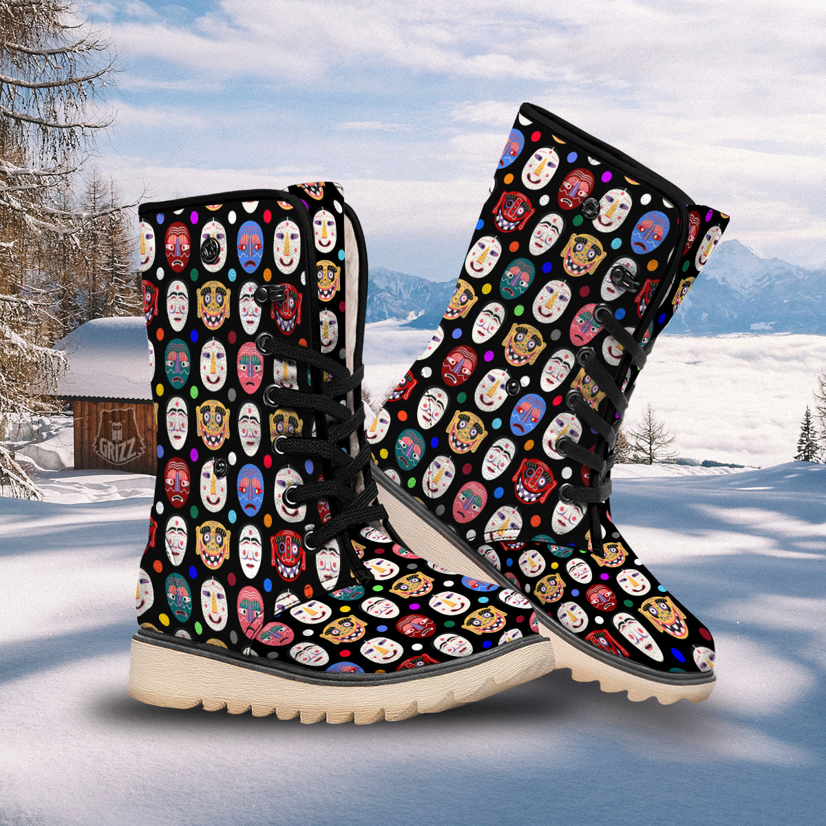 Traditional Korean Masks Print Pattern Snow Boots-grizzshop