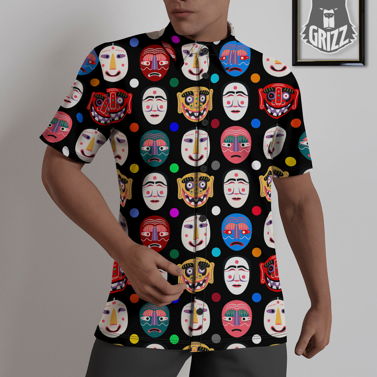 Traditional Korean Masks Print Pattern Untucked Shirts-grizzshop
