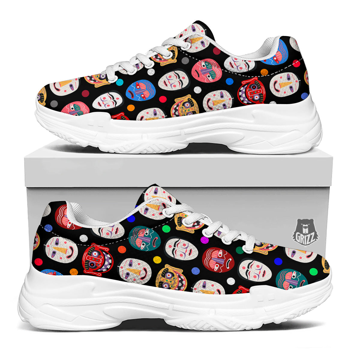 Traditional Korean Masks Print Pattern White Chunky Shoes-grizzshop