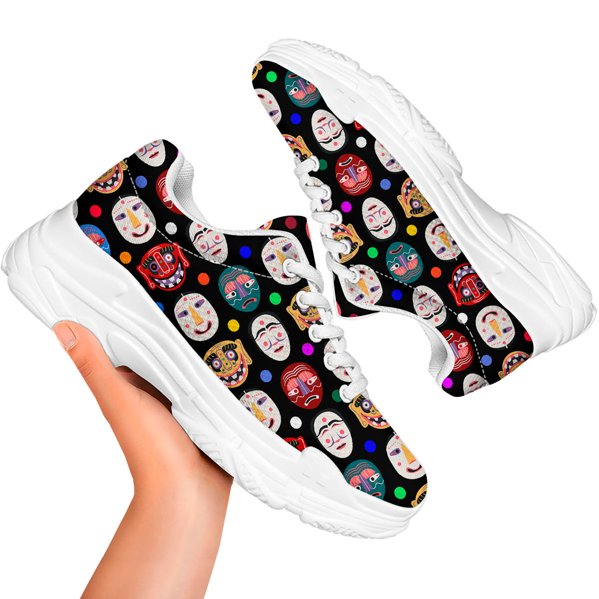 Traditional Korean Masks Print Pattern White Chunky Shoes-grizzshop