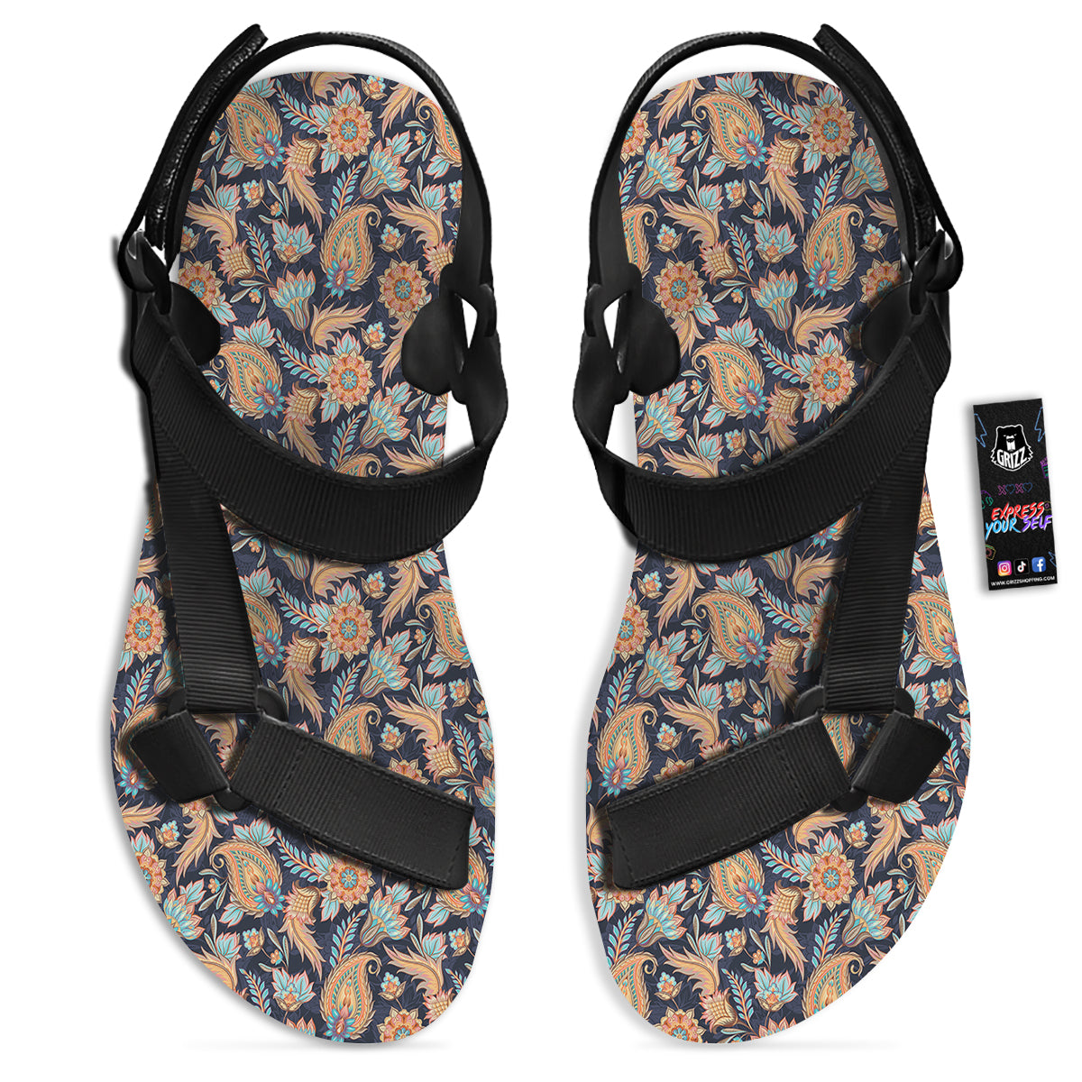 Traditional Oriental Paisley Print Pattern Black Open Toe Sandals-grizzshop
