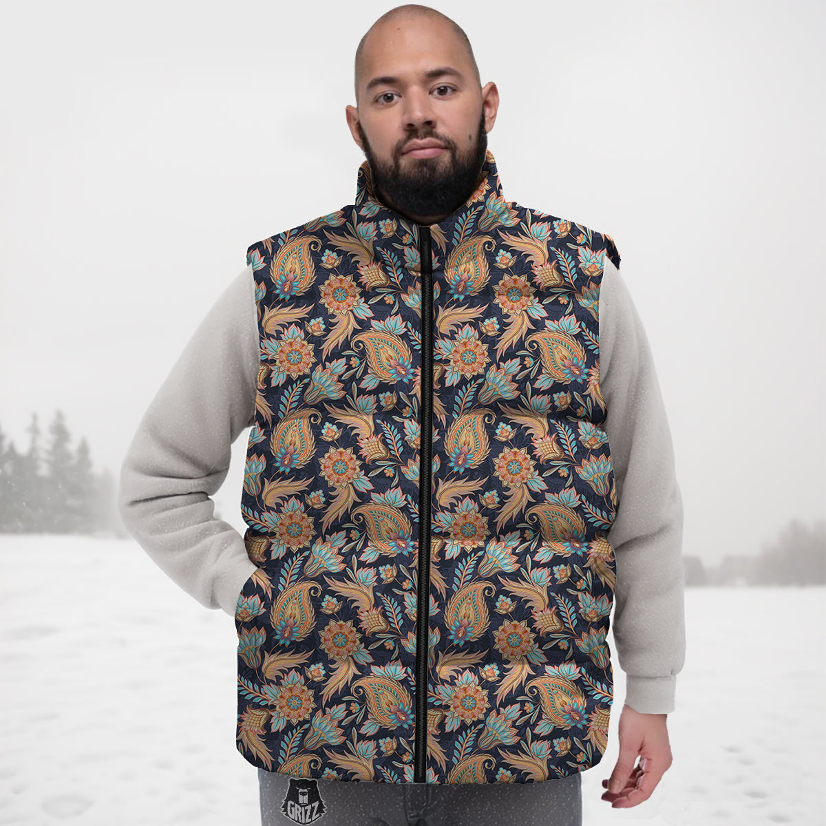 Traditional Oriental Paisley Print Pattern Down Vest