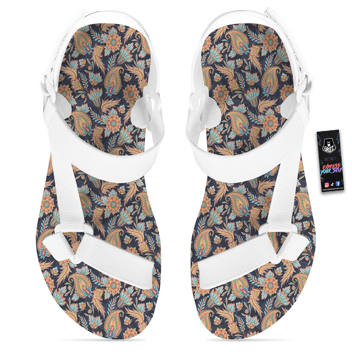 Traditional Oriental Paisley Print Pattern White Open Toe Sandals-grizzshop