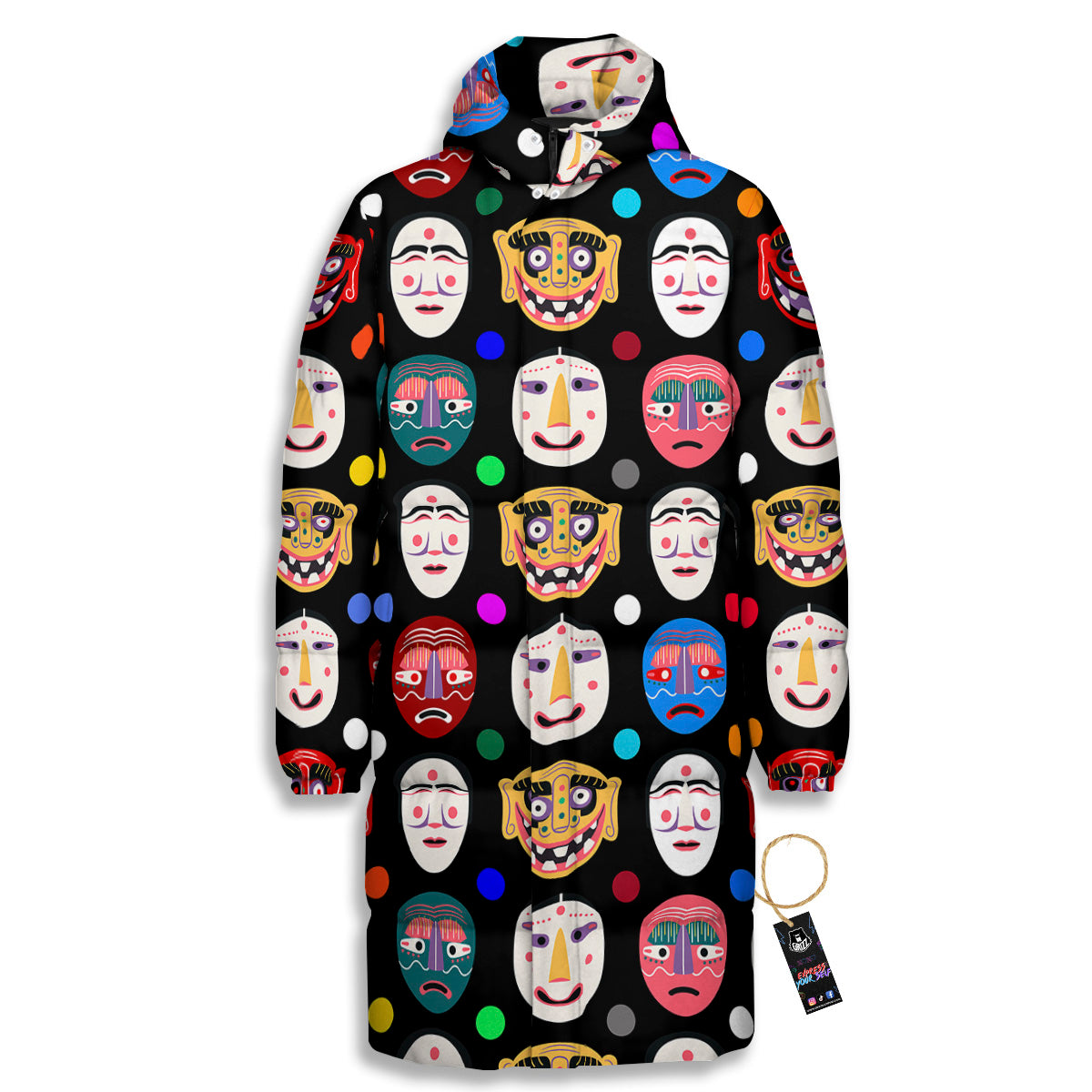 Traditional Korean Masks Print Pattern Long Down Jacket