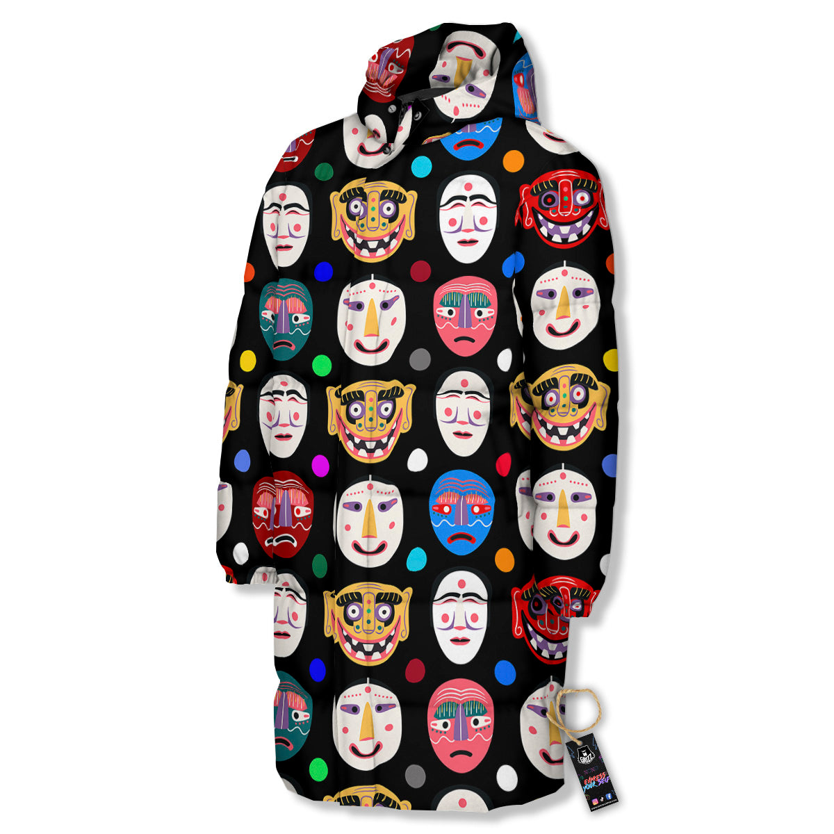Traditional Korean Masks Print Pattern Long Down Jacket