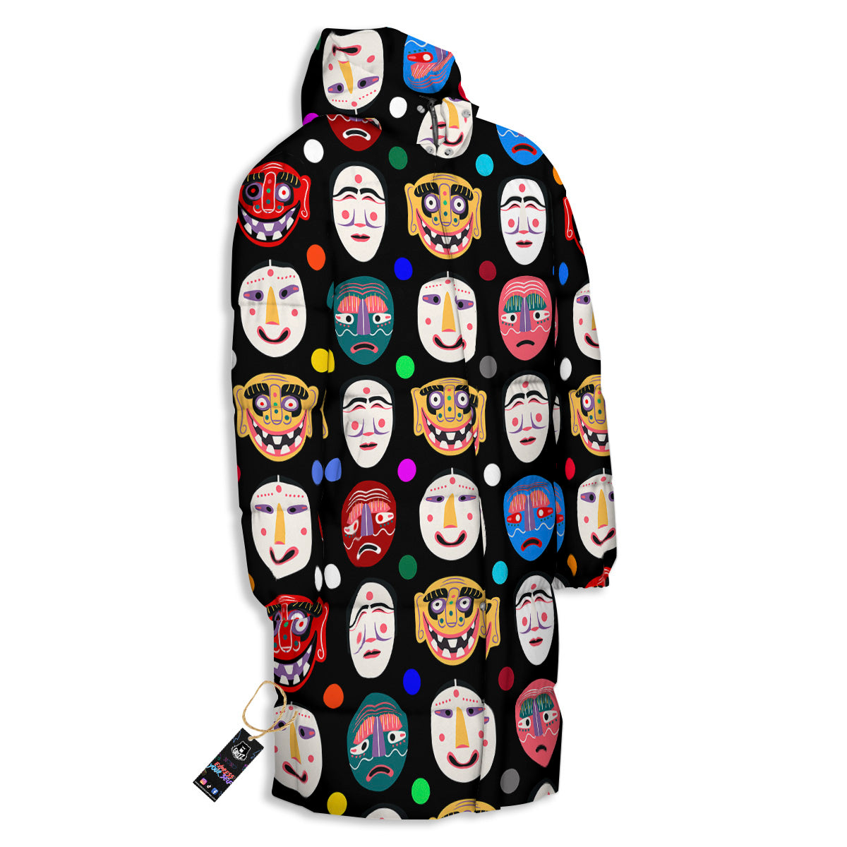 Traditional Korean Masks Print Pattern Long Down Jacket