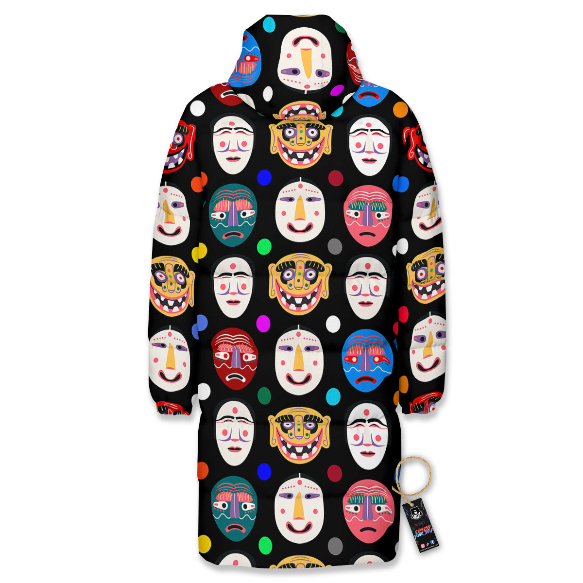Traditional Korean Masks Print Pattern Long Down Jacket