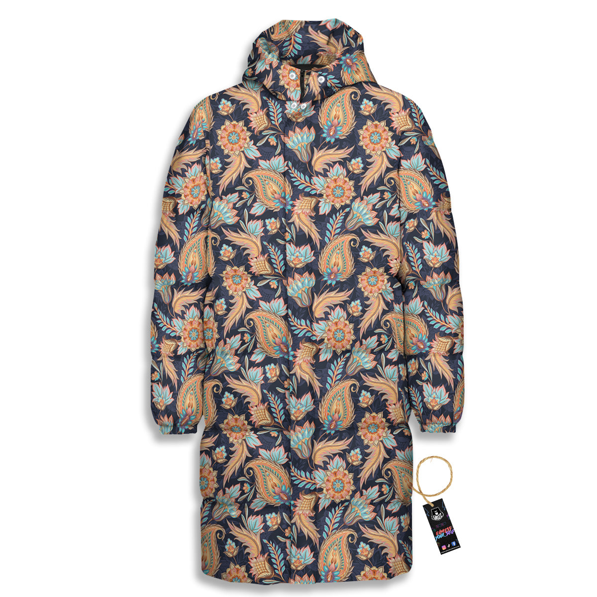 Traditional Oriental Paisley Print Pattern Long Down Jacket