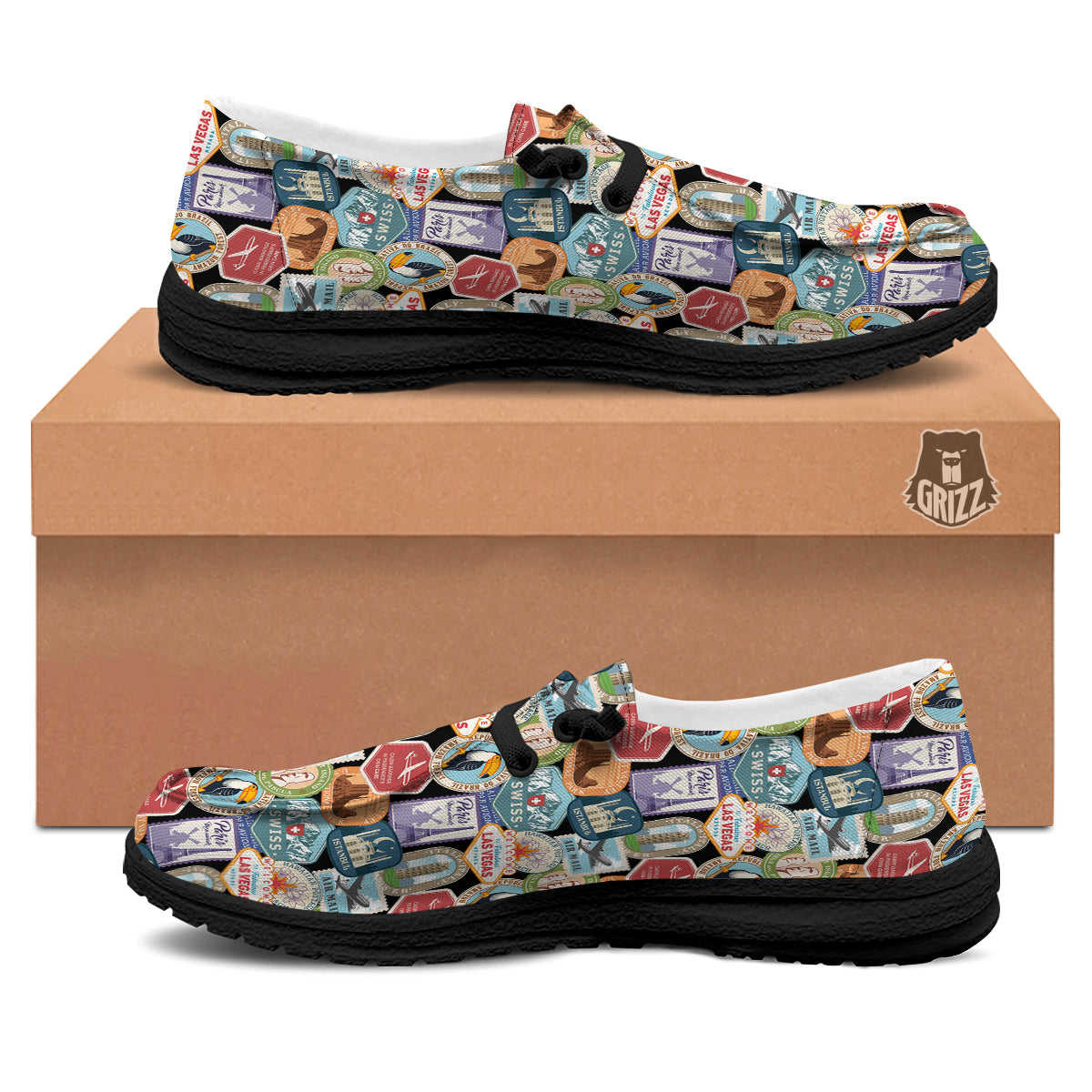Travel Destinations Print Pattern Black Loafers-grizzshop