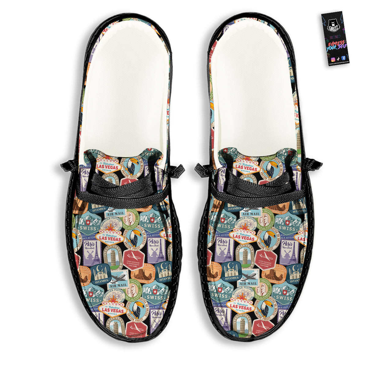 Travel Destinations Print Pattern Black Loafers-grizzshop