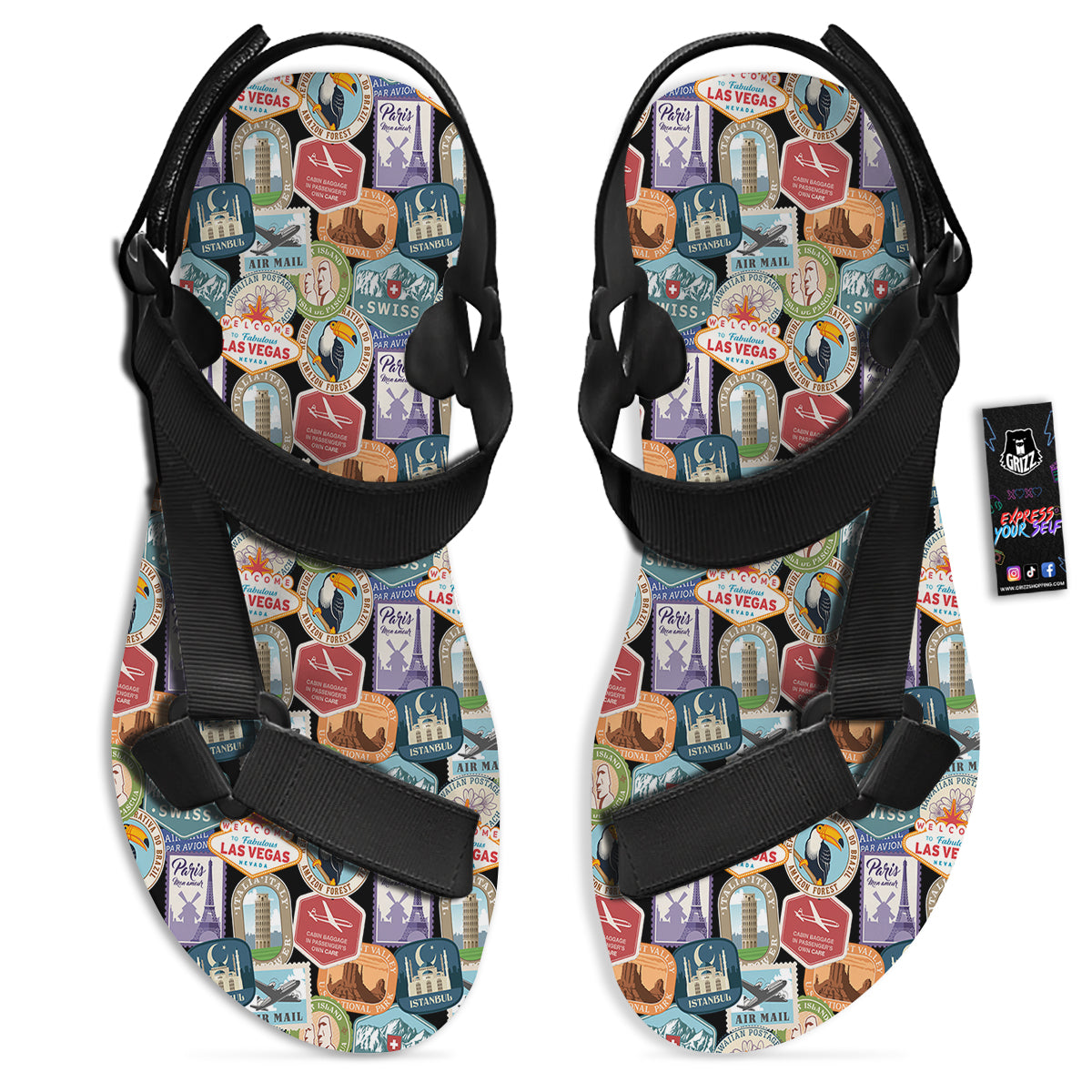 Travel Destinations Print Pattern Black Open Toe Sandals-grizzshop