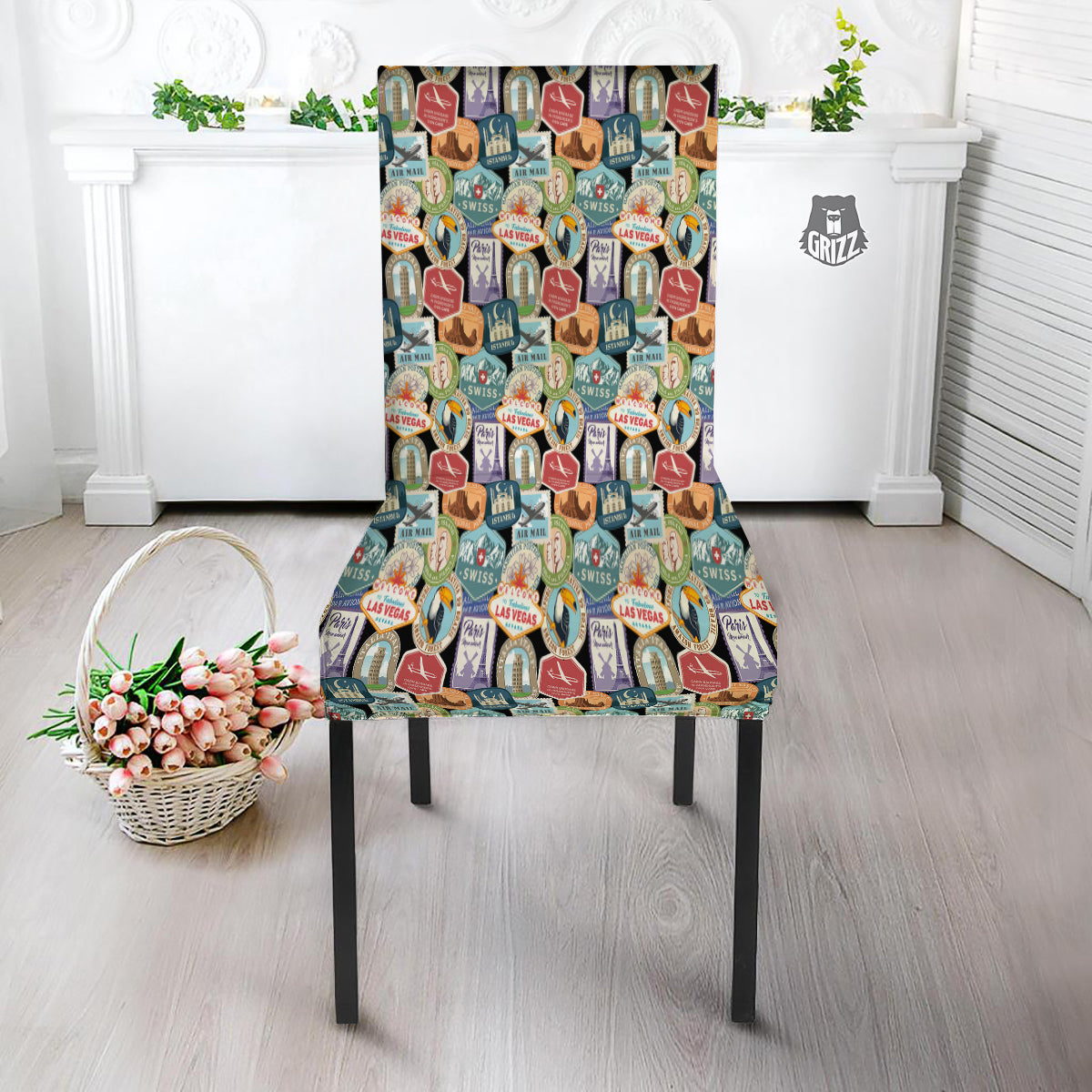 Travel Destinations Print Pattern Dining Chair Slipcover-grizzshop
