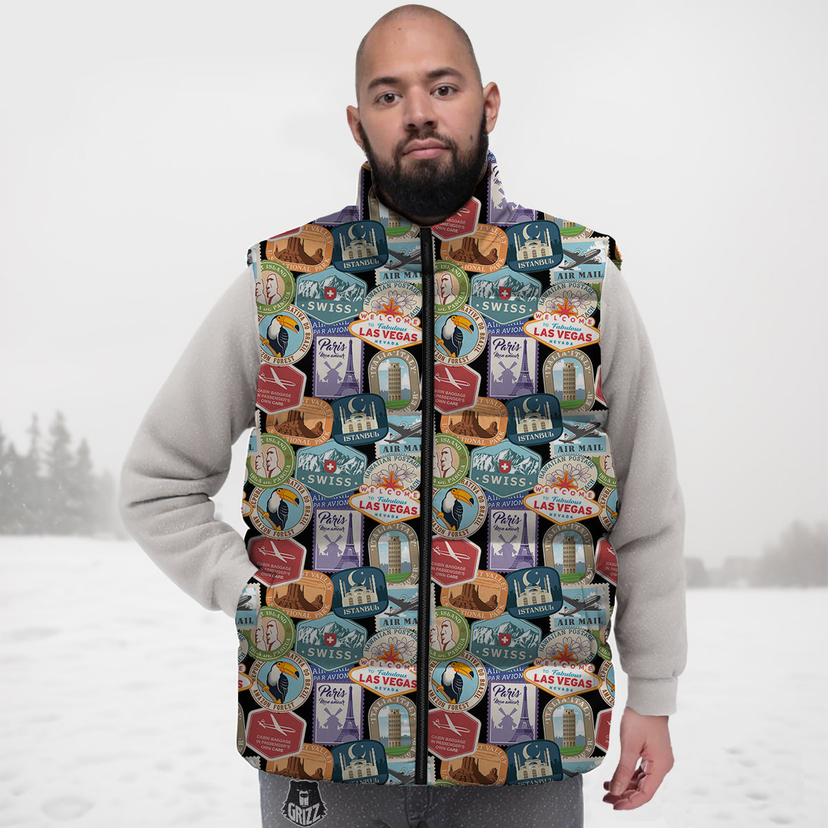 Travel Destinations Print Pattern Down Vest-grizzshop
