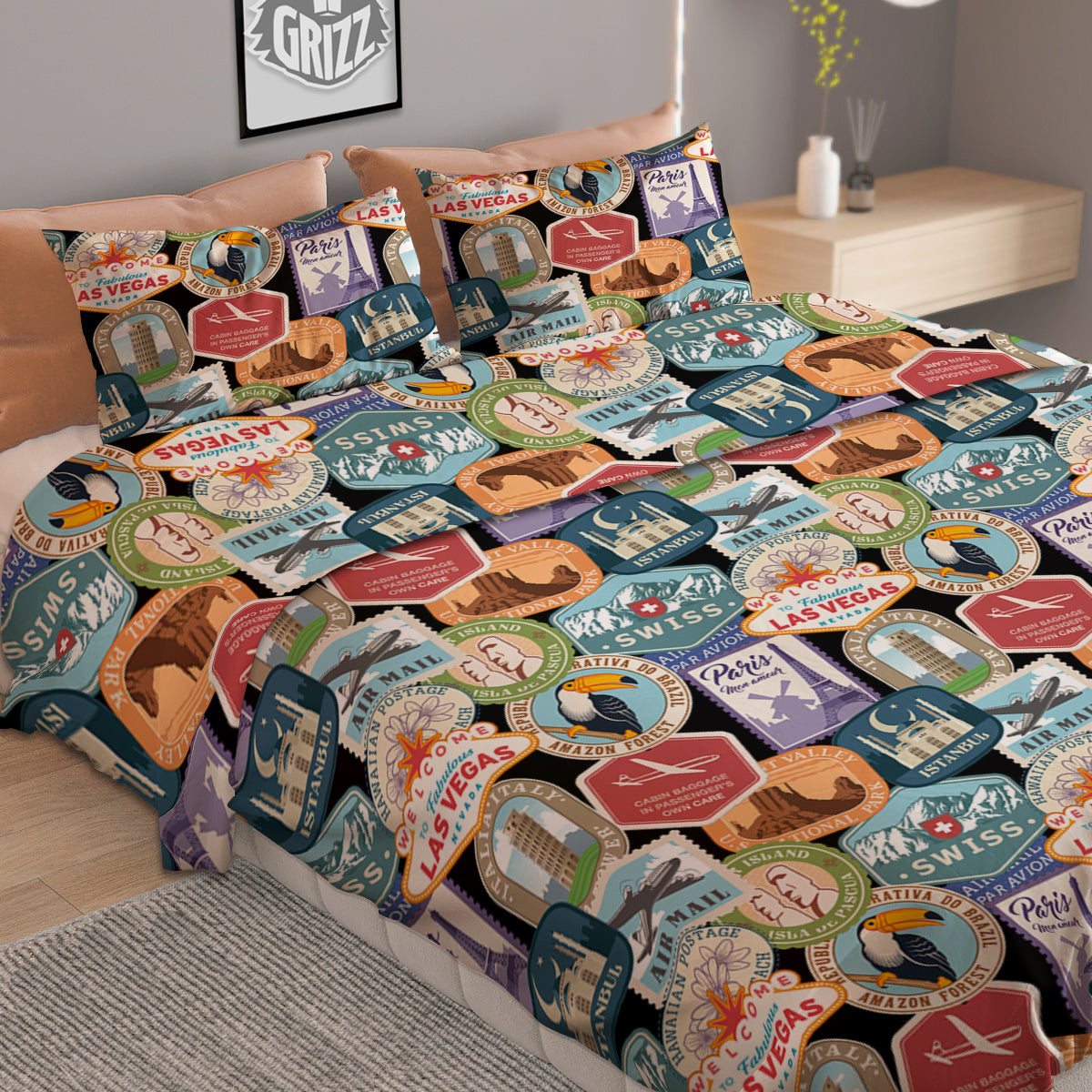 Travel Destinations Print Pattern Duvet Cover Bedding Set