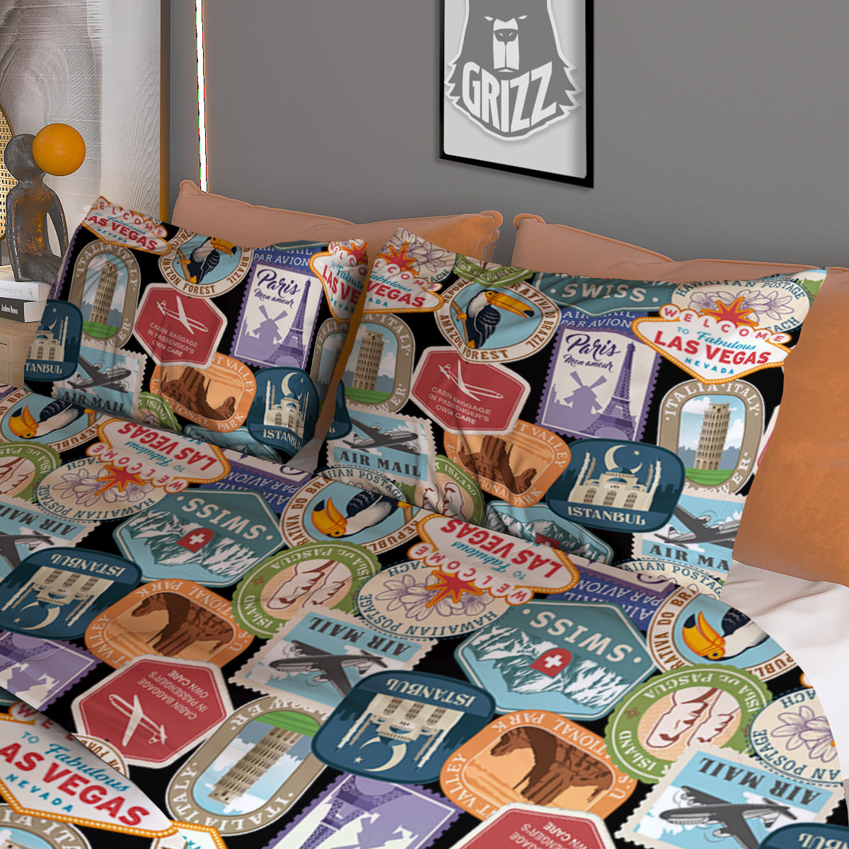 Travel Destinations Print Pattern Duvet Cover Bedding Set
