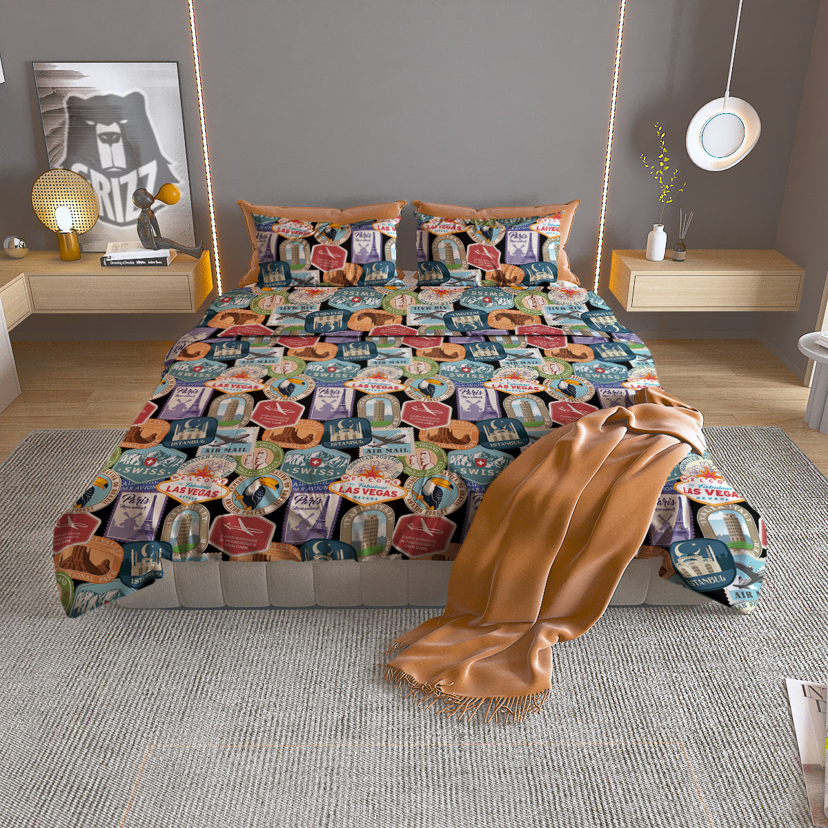 Travel Destinations Print Pattern Duvet Cover Bedding Set