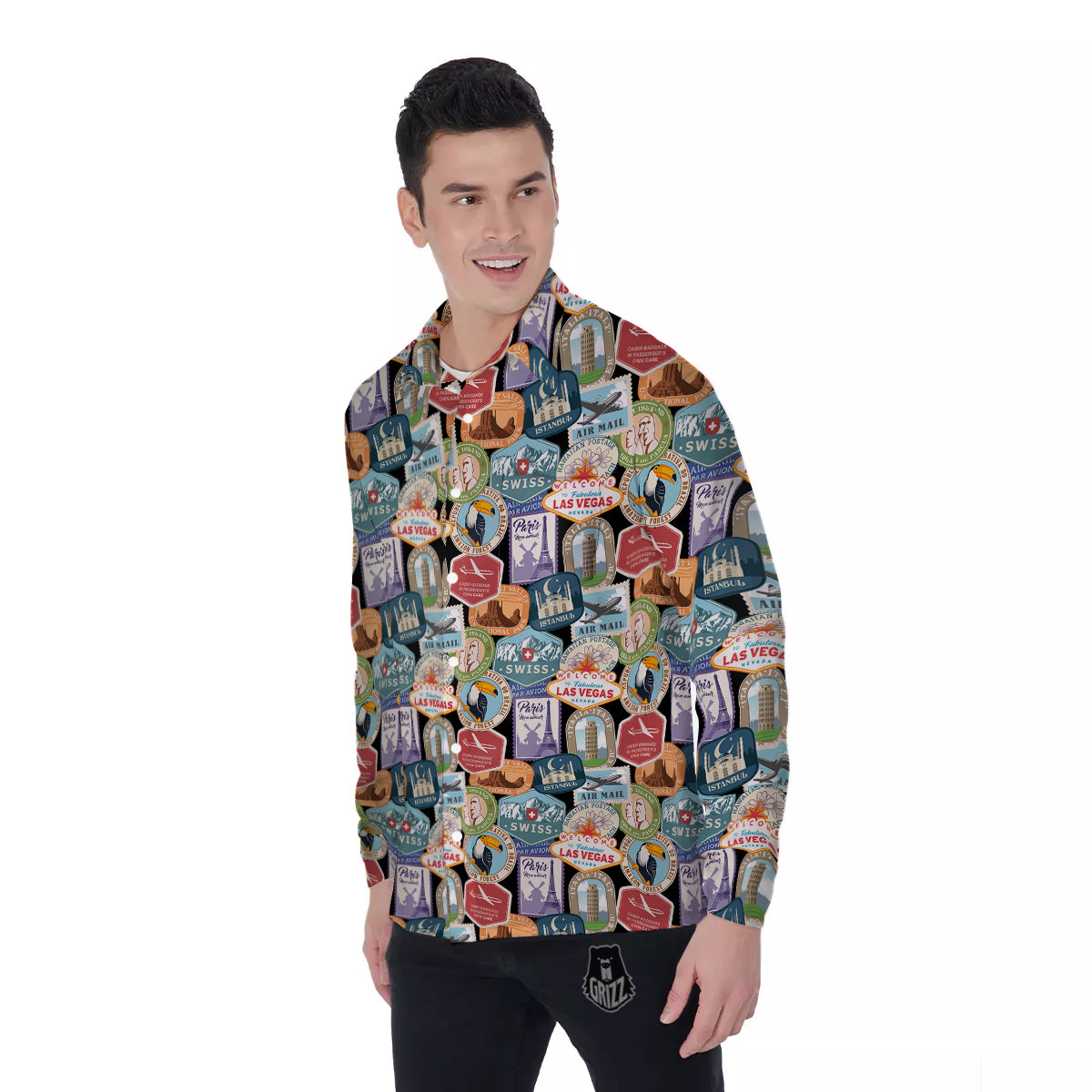 Travel Destinations Print Pattern Men's Long Sleeve Shirts-grizzshop