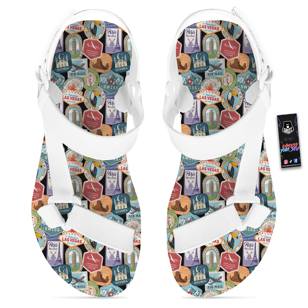 Travel Destinations Print Pattern White Open Toe Sandals-grizzshop