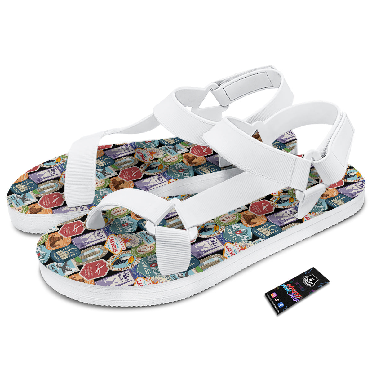 Travel Destinations Print Pattern White Open Toe Sandals-grizzshop