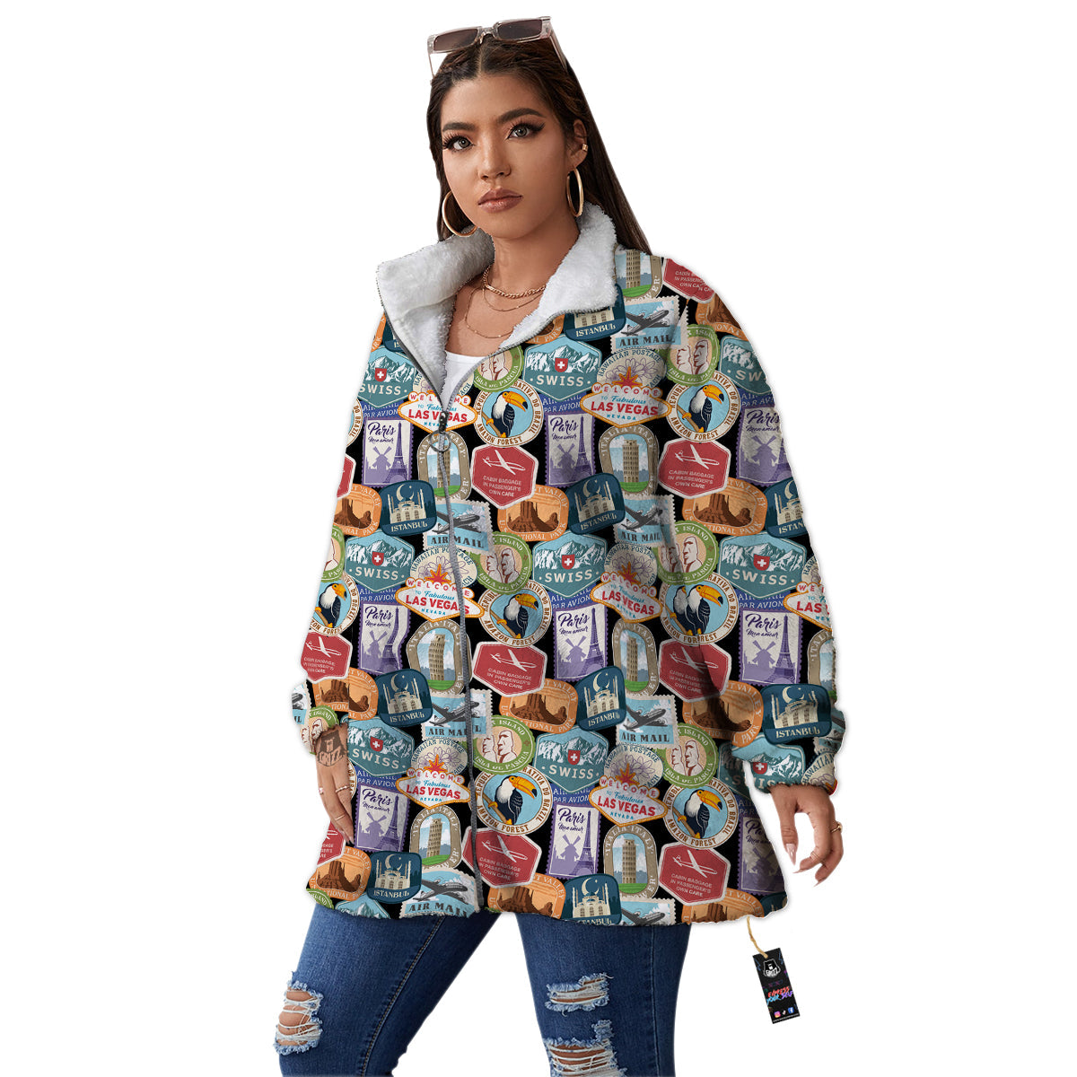 Travel Destinations Print Pattern Women's Sherpa Jacket-grizzshop
