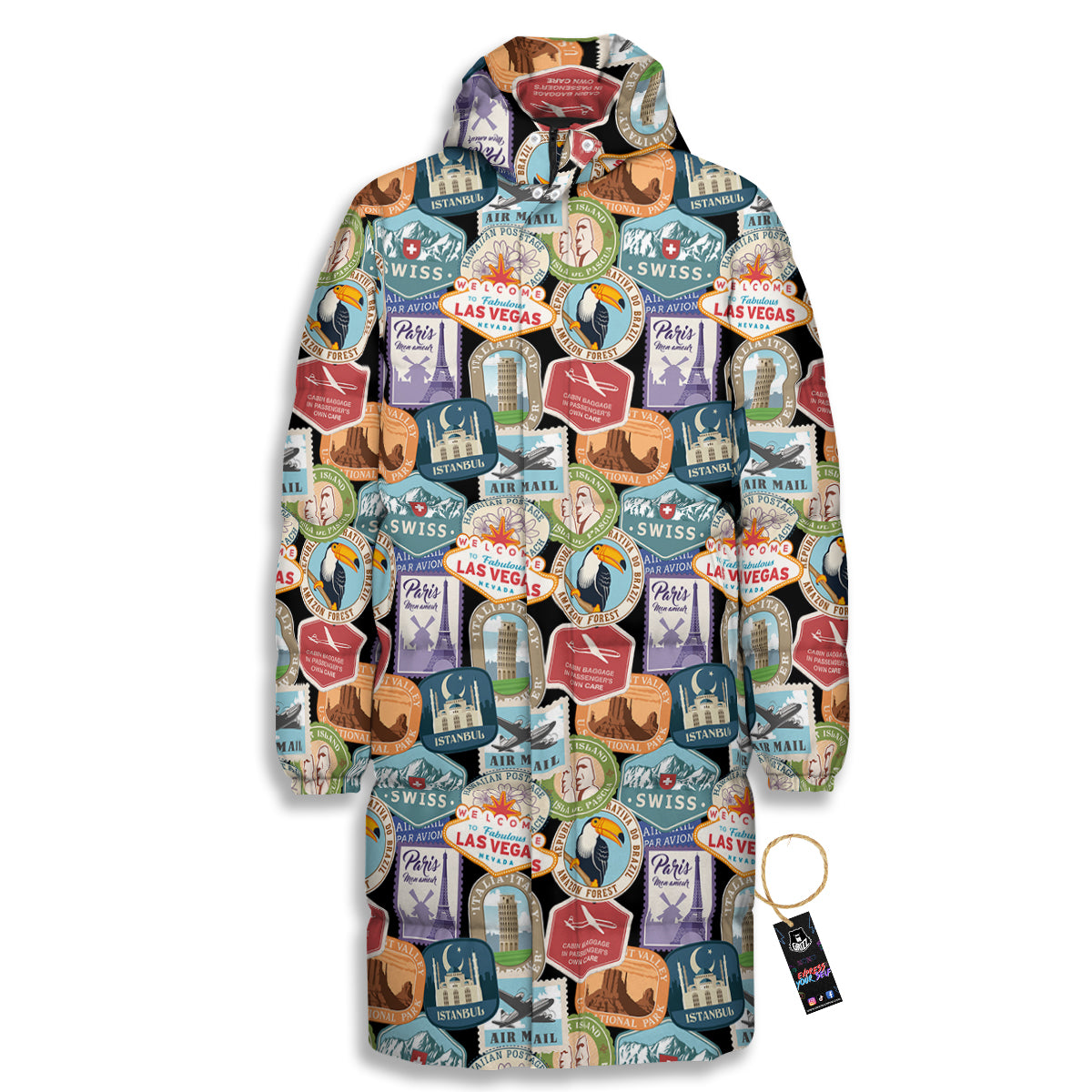 Travel Destinations Print Pattern Long Down Jacket