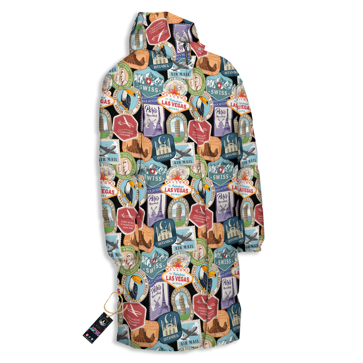 Travel Destinations Print Pattern Long Down Jacket