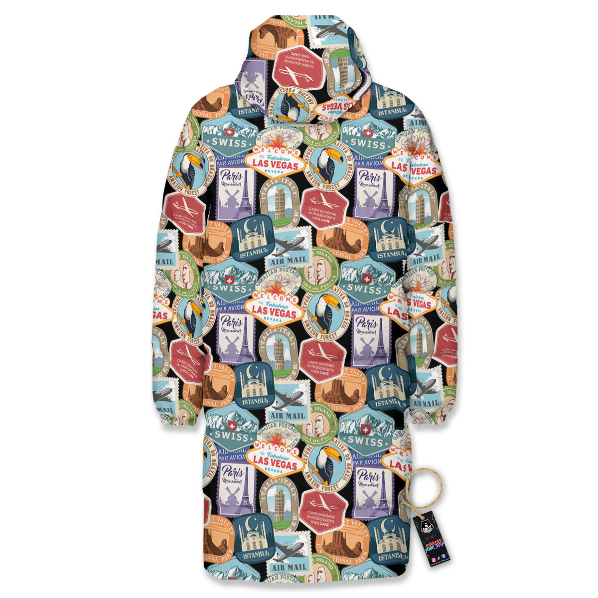 Travel Destinations Print Pattern Long Down Jacket