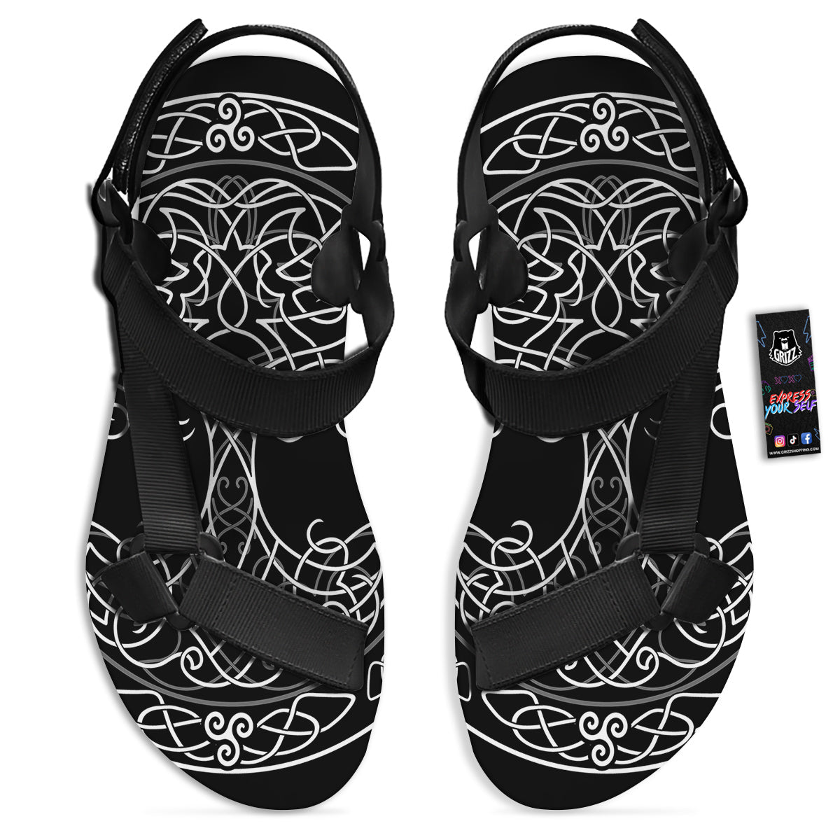Tree Of Life Celtic Knot Print Black Open Toe Sandals-grizzshop