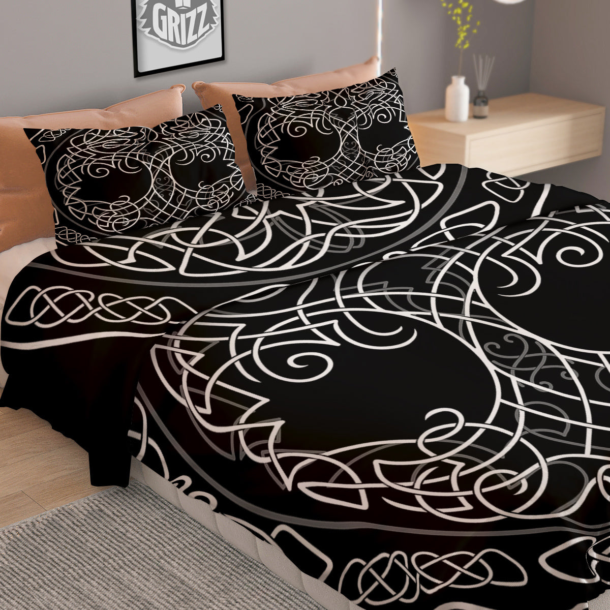 Thai Black And Gold Print Pattern Duvet Cover Bedding Set