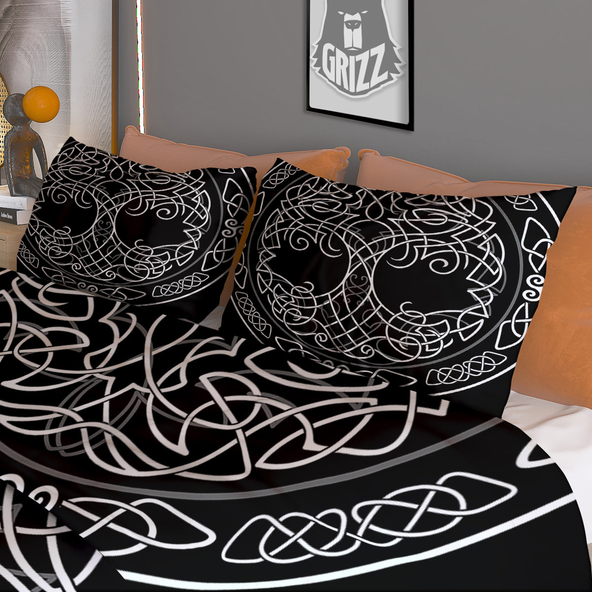 Thai Black And Gold Print Pattern Duvet Cover Bedding Set