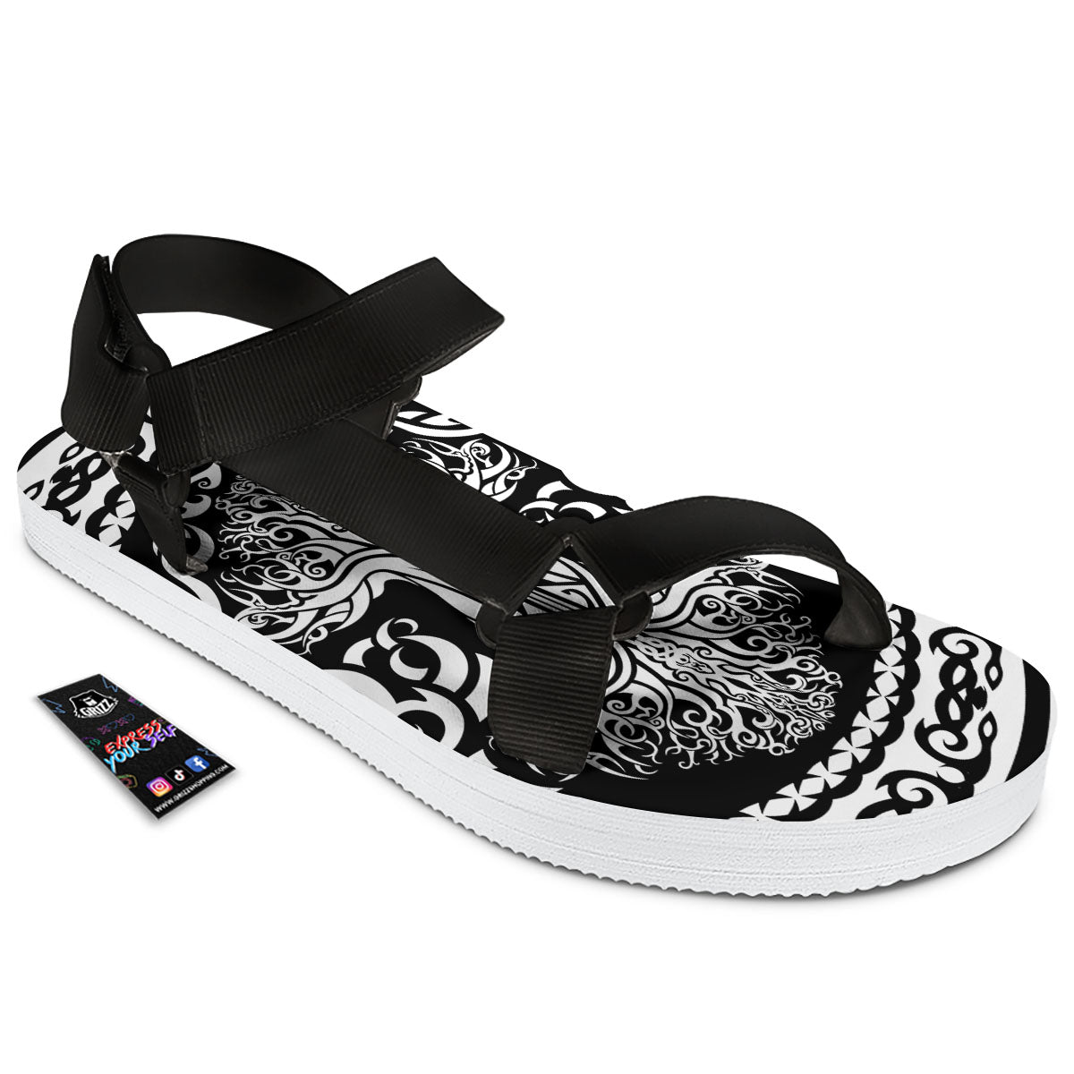 Tree Of Life Viking Print Black Open Toe Sandals-grizzshop