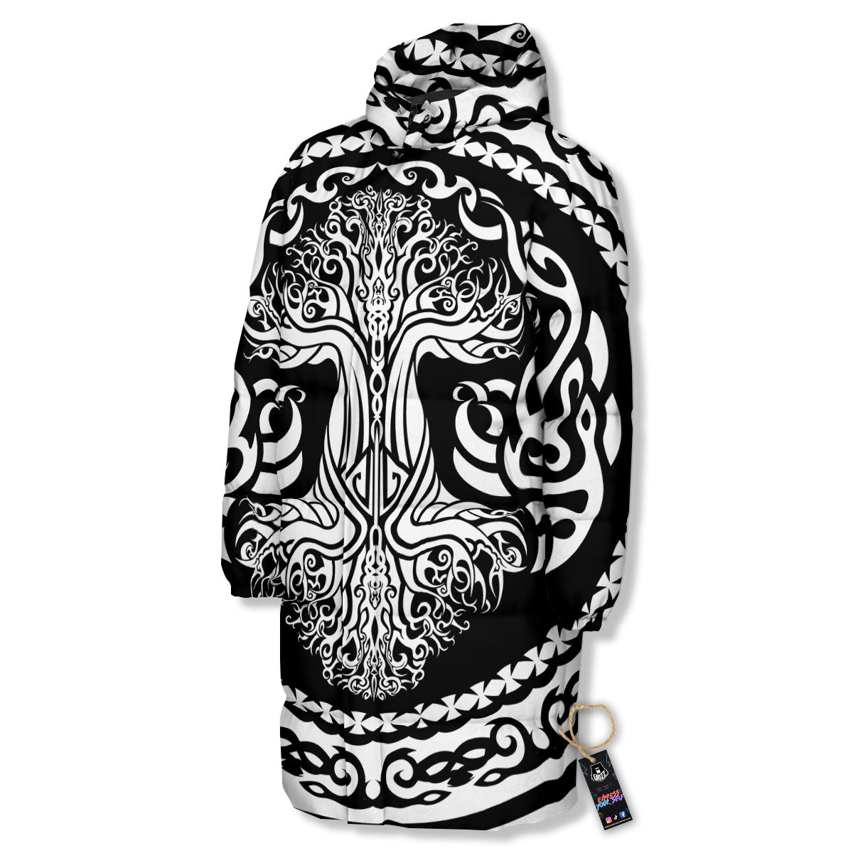 Tree Of Life Viking Print Long Down Jacket-grizzshop