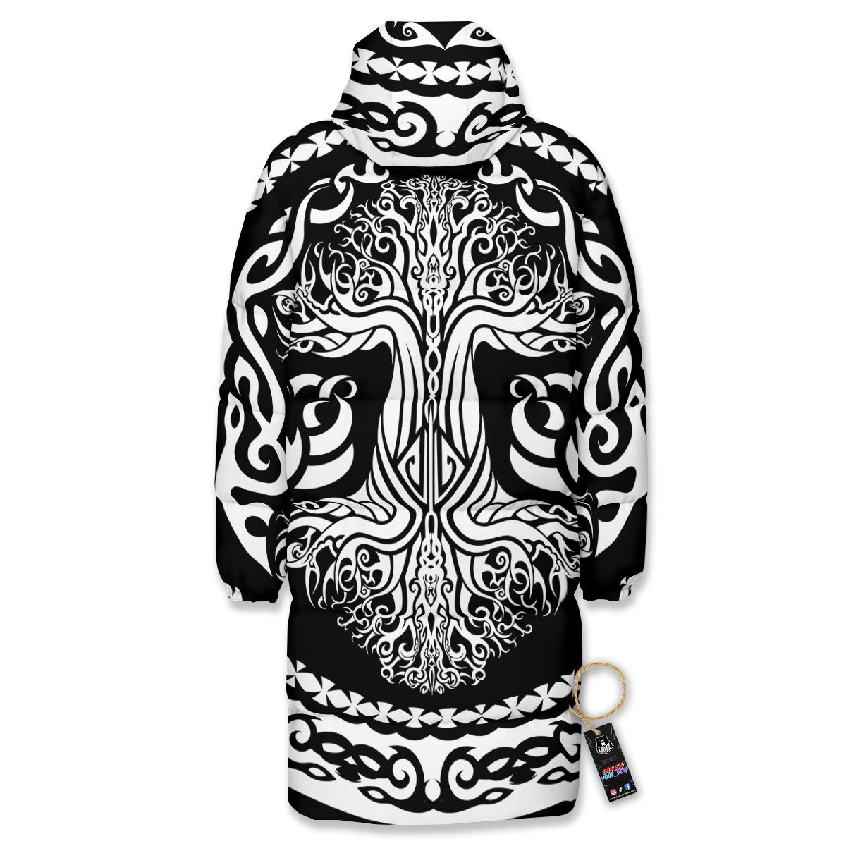 Tree Of Life Viking Print Long Down Jacket-grizzshop