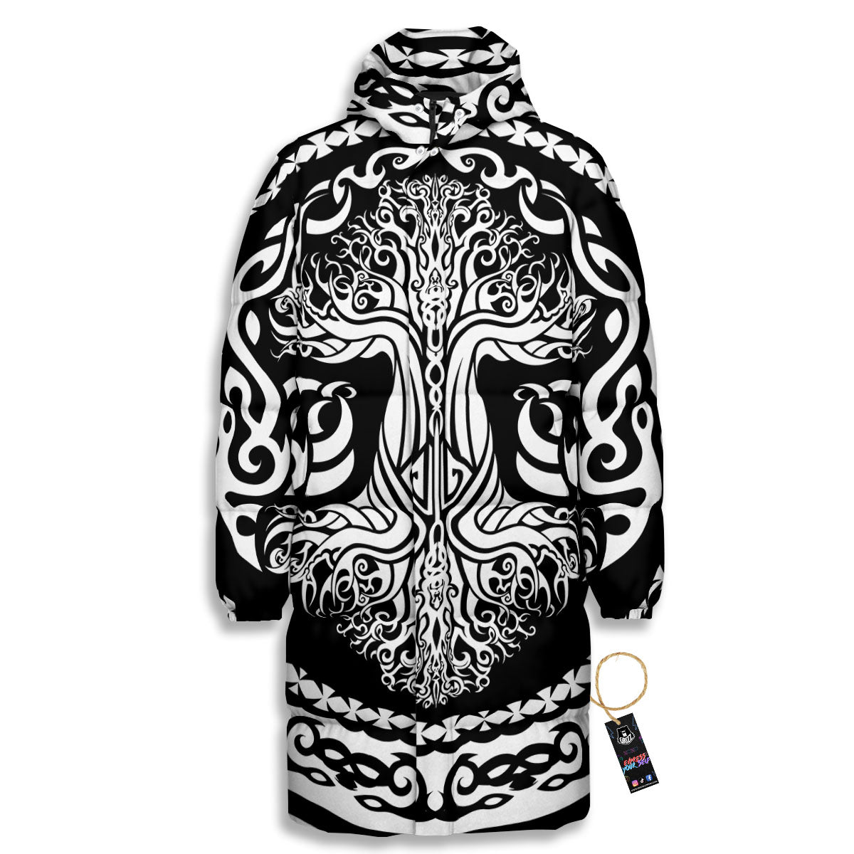 Tree Of Life Viking Print Long Down Jacket-grizzshop