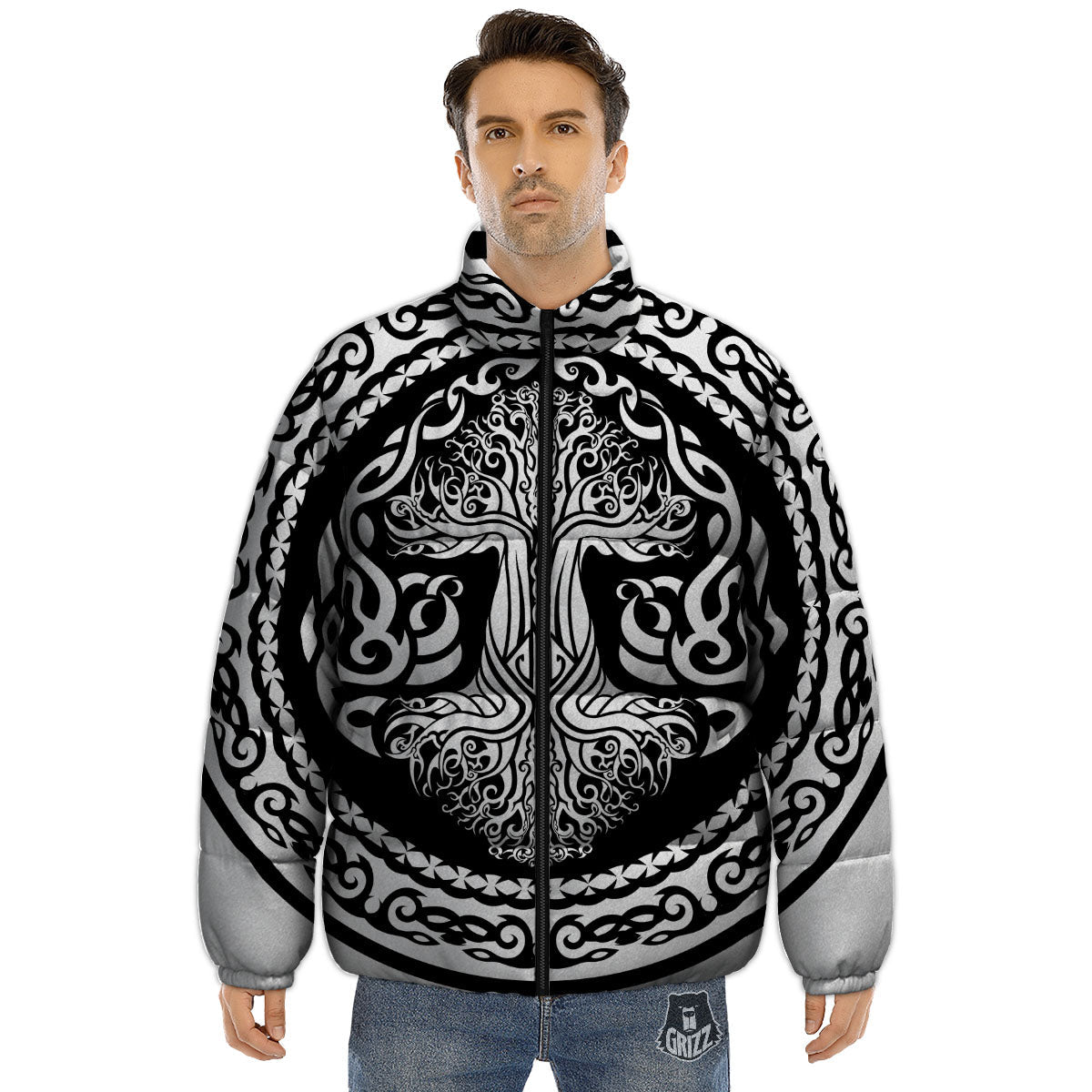 Tree Of Life Viking Print Puffer Jacket-grizzshop
