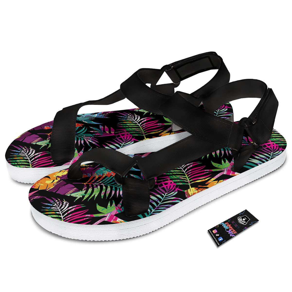 Tree Palm Trippy Print Pattern Black Open Toe Sandals-grizzshop