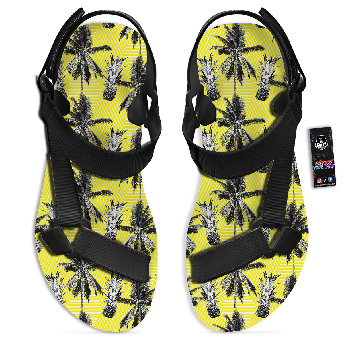 Tree Palm Yellow Print Pattern Black Open Toe Sandals-grizzshop