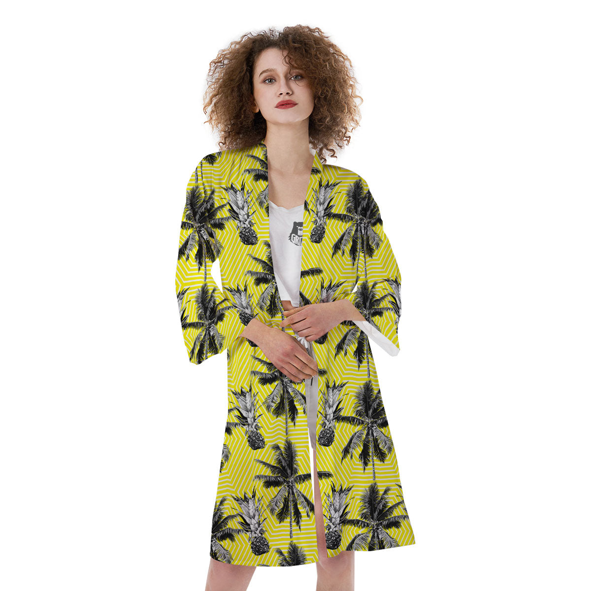 Tree Palm Yellow Print Pattern Kimono-grizzshop