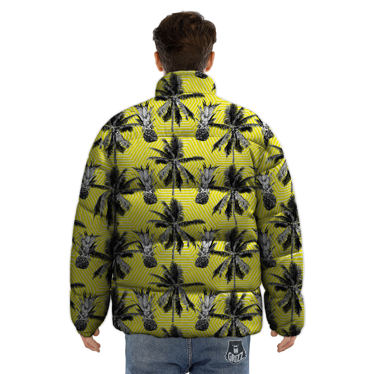 Tree Palm Yellow Print Pattern Puffer Jacket-grizzshop