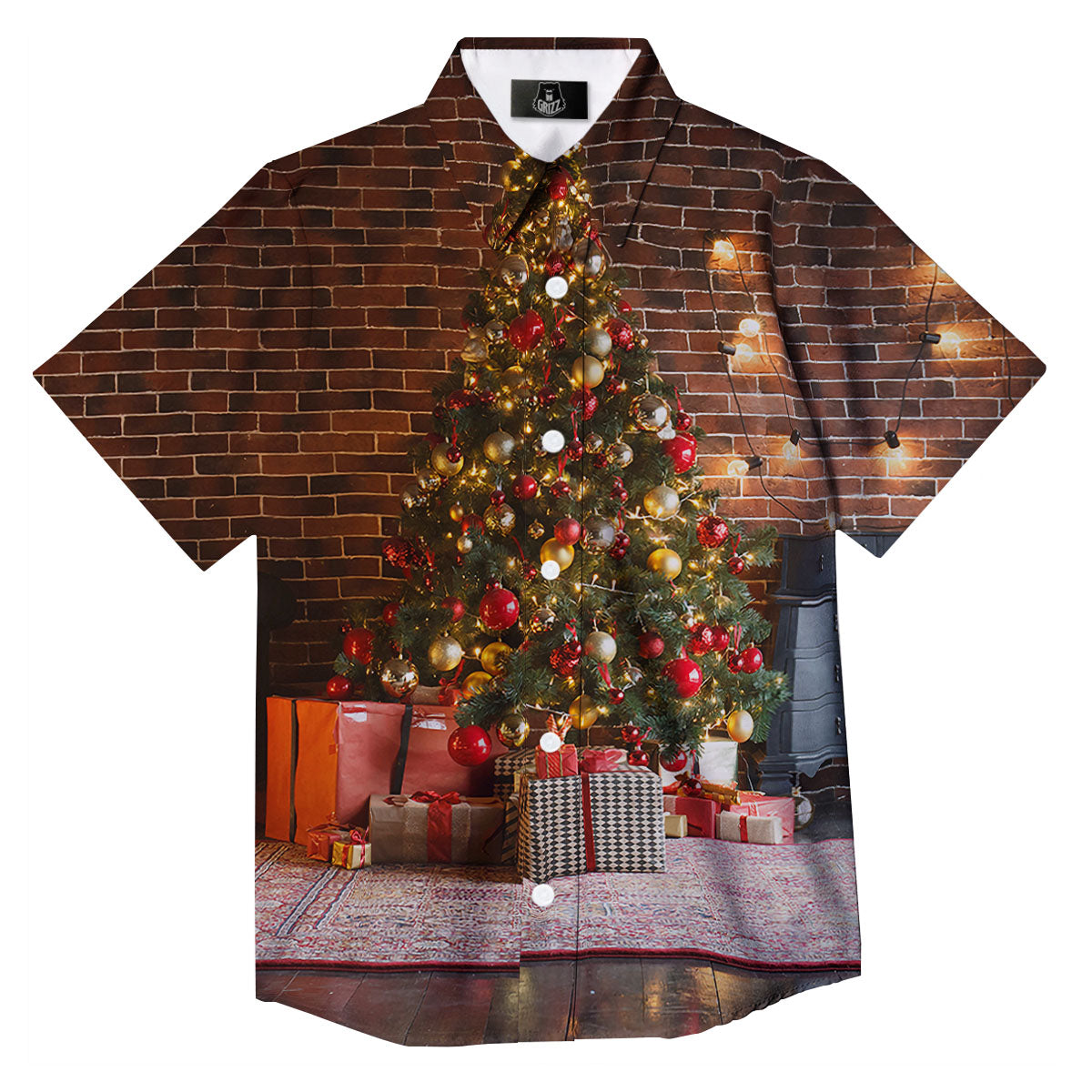 Tree Xmas Print Button Up Shirt-grizzshop