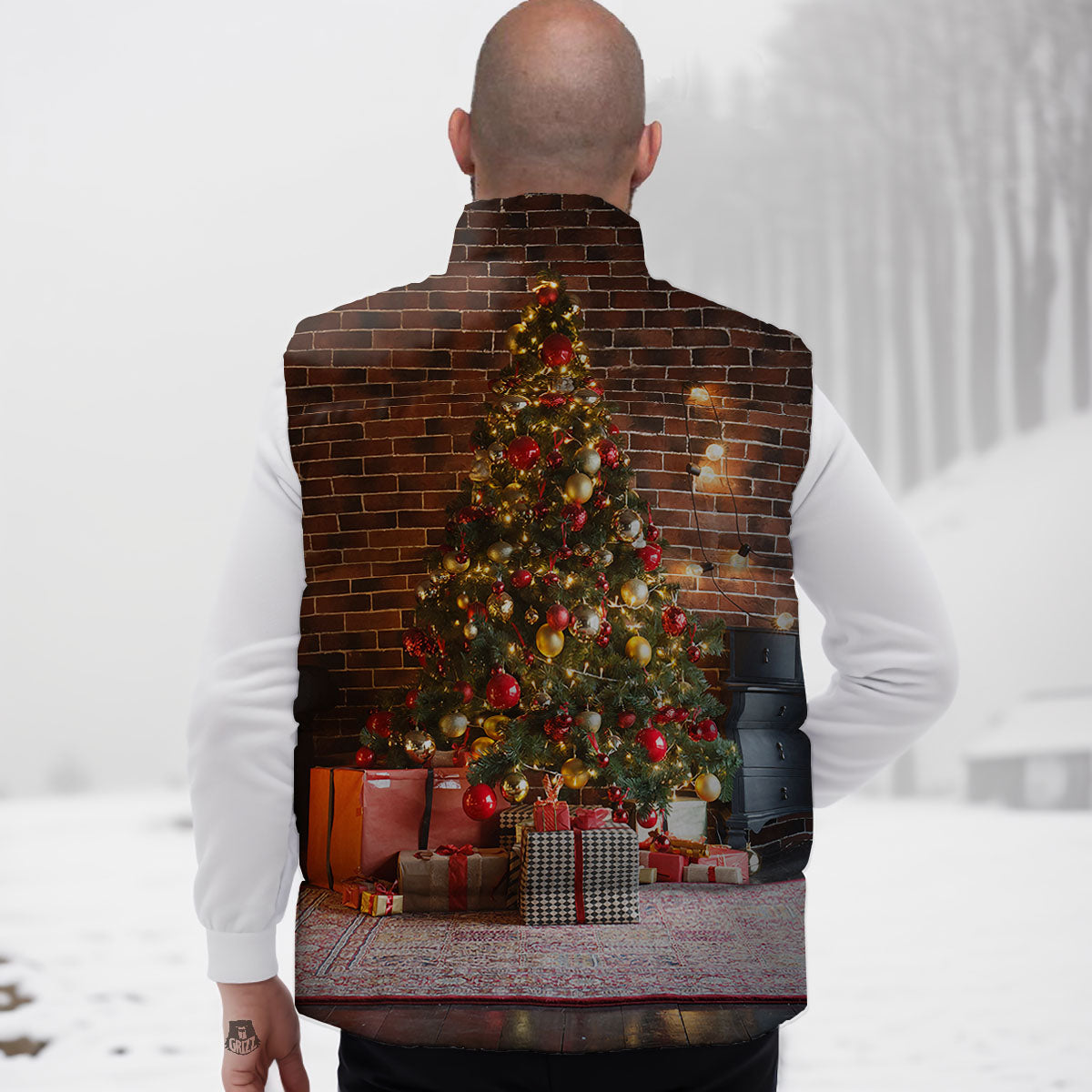 Tree Xmas Print Down Vest-grizzshop