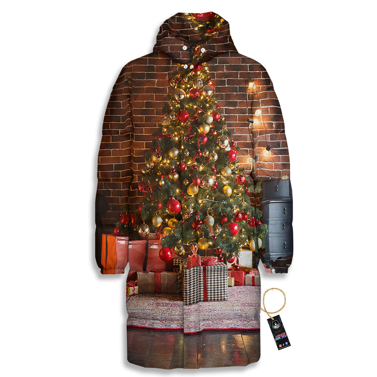 Tree Xmas Print Long Down Jacket-grizzshop