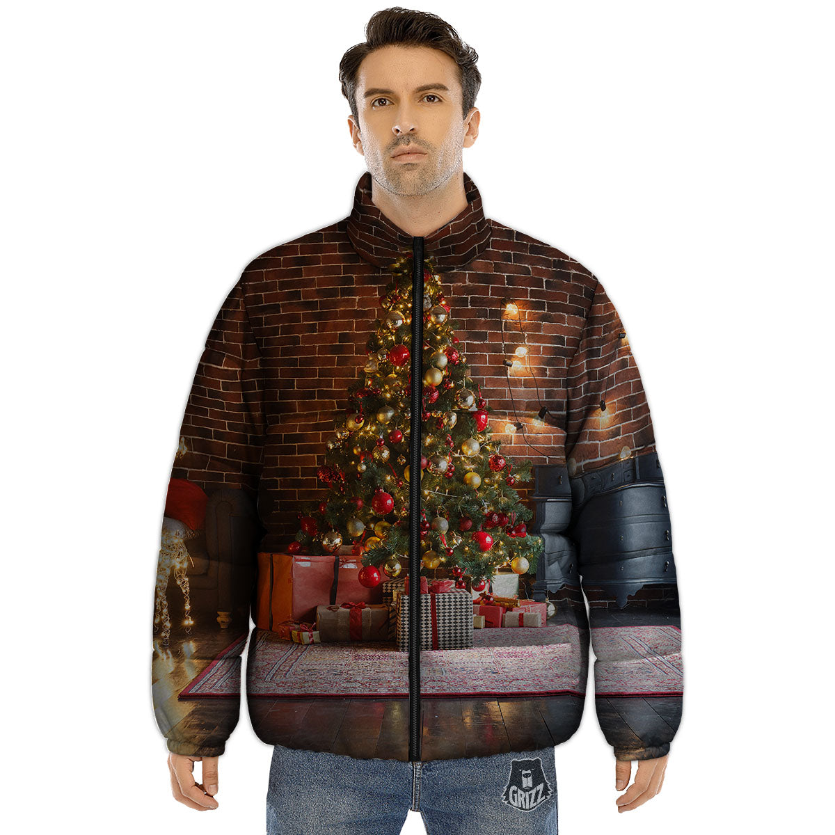 Tree Xmas Print Puffer Jacket-grizzshop