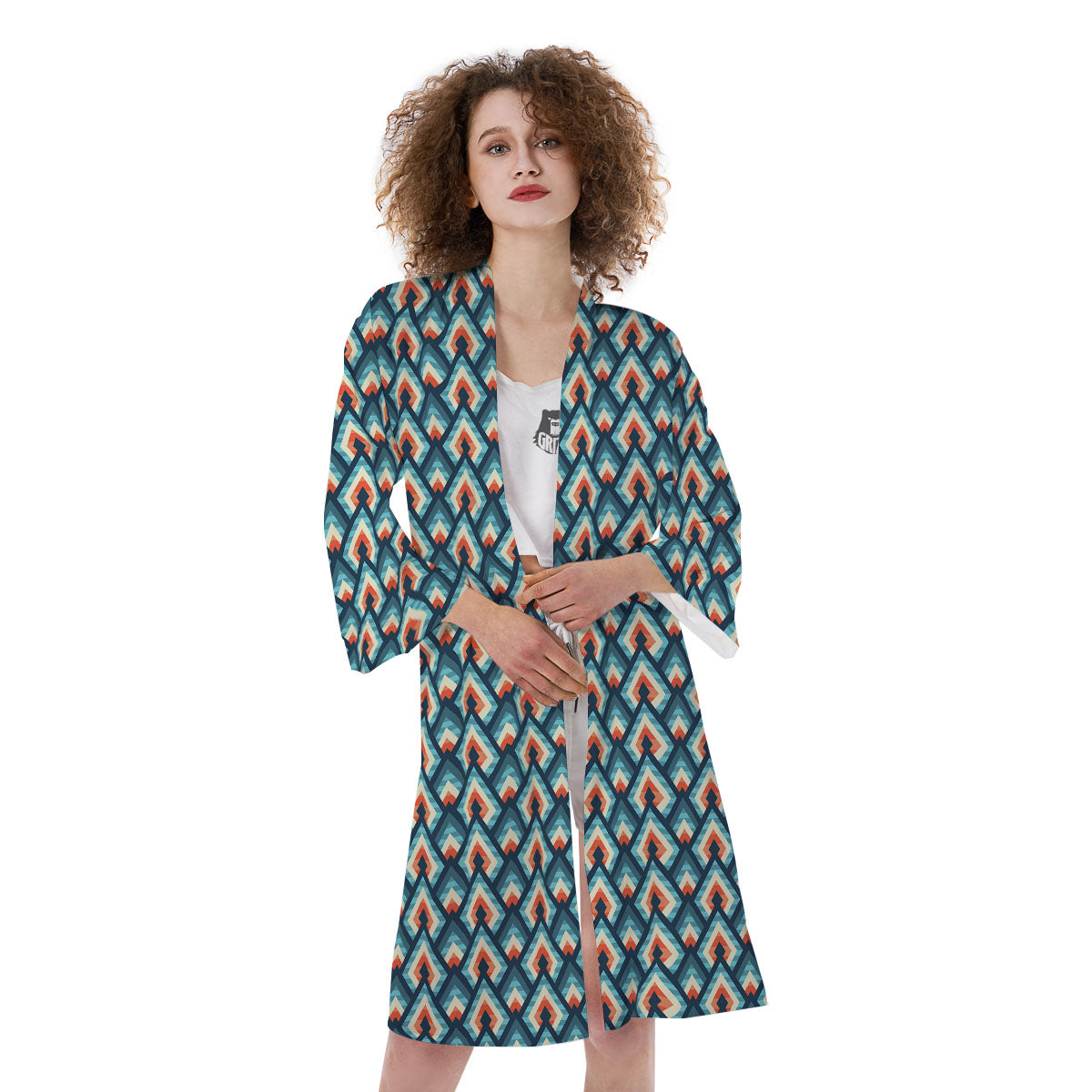 Triangle Blue Geometric Print Pattern Kimono-grizzshop