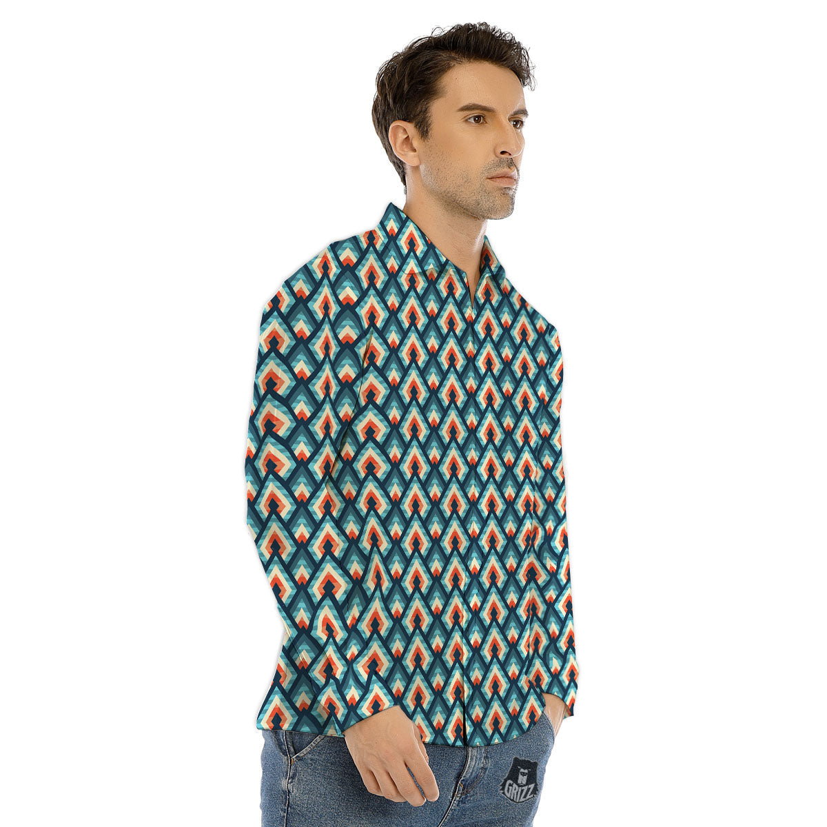 Triangle Blue Geometric Print Pattern Men's Dress Shirts-grizzshop