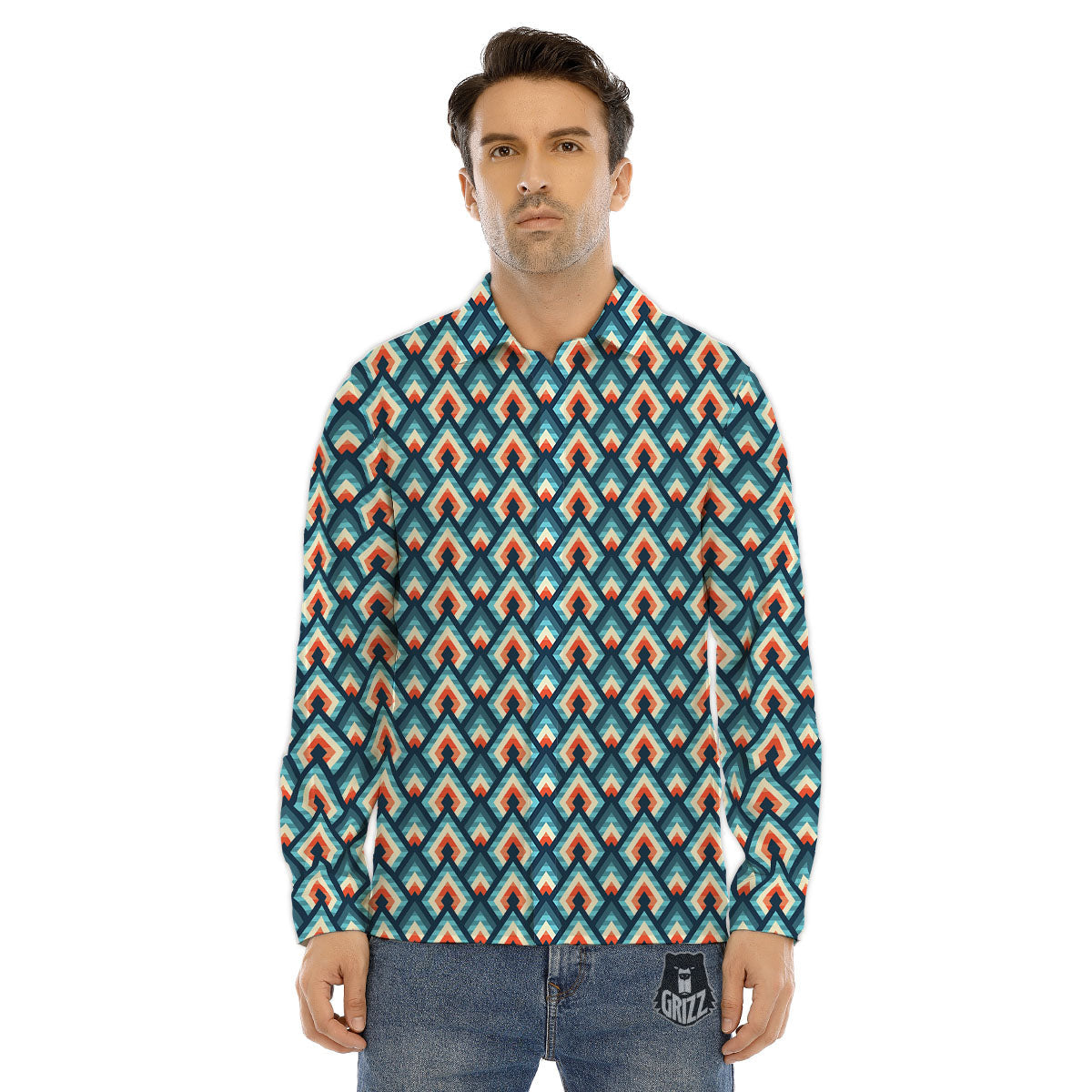 Triangle Blue Geometric Print Pattern Men's Dress Shirts-grizzshop