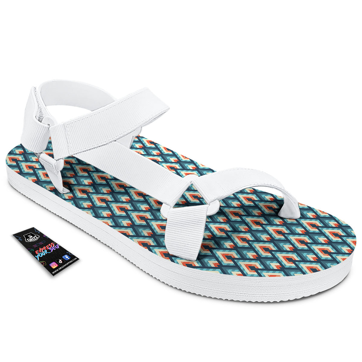 Triangle Blue Geometric Print Pattern White Open Toe Sandals-grizzshop