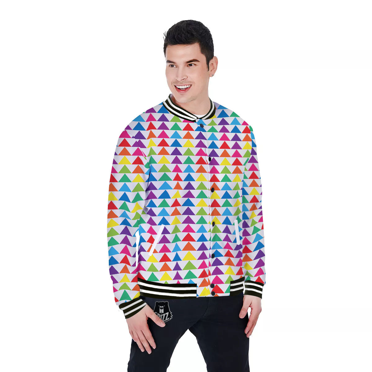 Triangles Rainbow Print Pattern Baseball Jacket-grizzshop