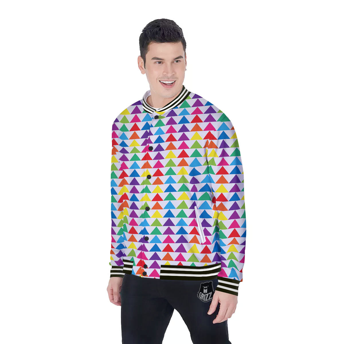 Triangles Rainbow Print Pattern Baseball Jacket-grizzshop