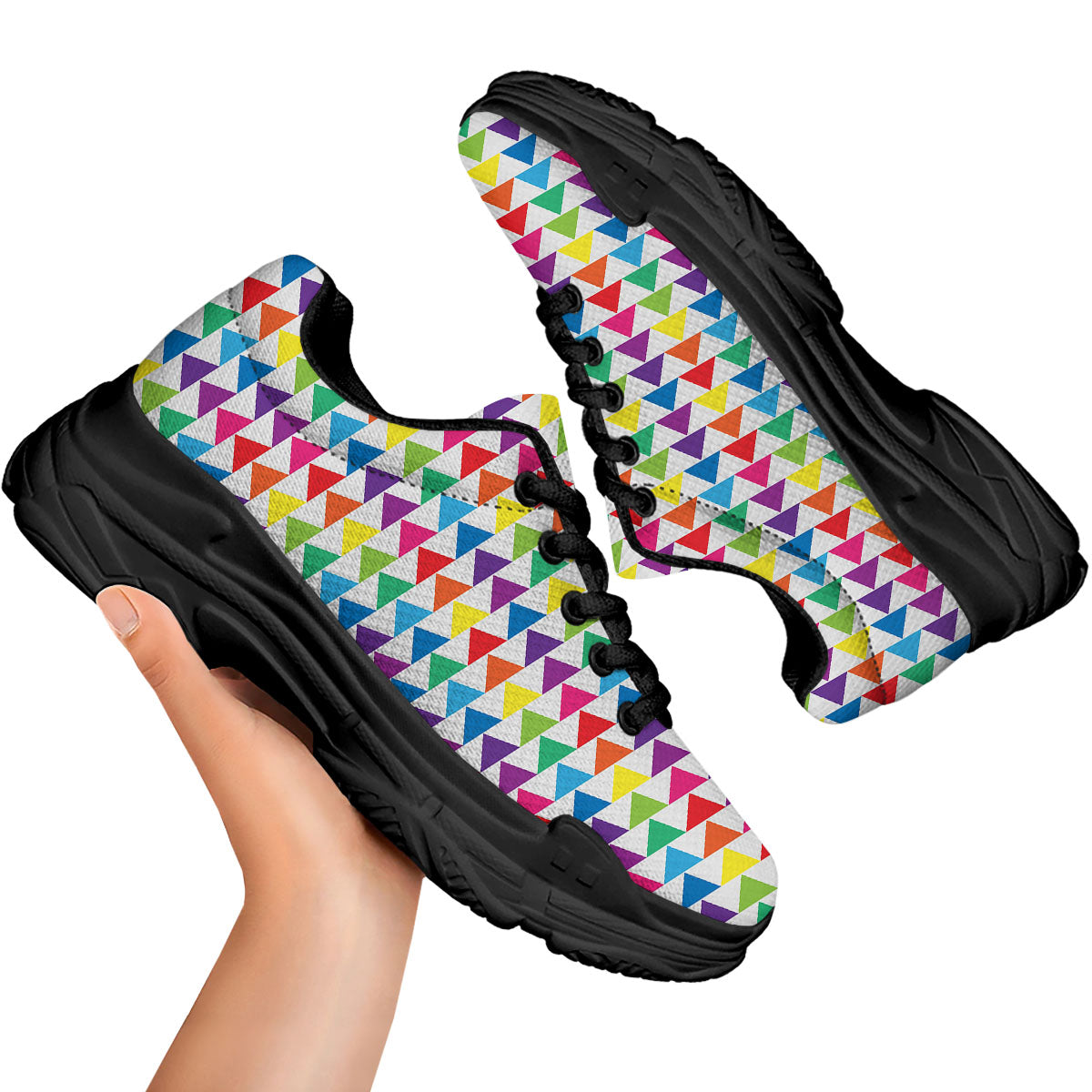 Triangles Rainbow Print Pattern Black Chunky Shoes-grizzshop